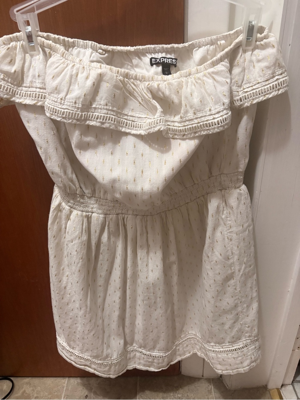Express White Off-Shoulder Dress with Gold Dot Detail